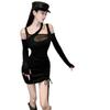 Hepburn Style Black Mesh Off-Shoulder Long-Sleeve Dress - Autumn/Spring Figure-Hugging Short Skirt