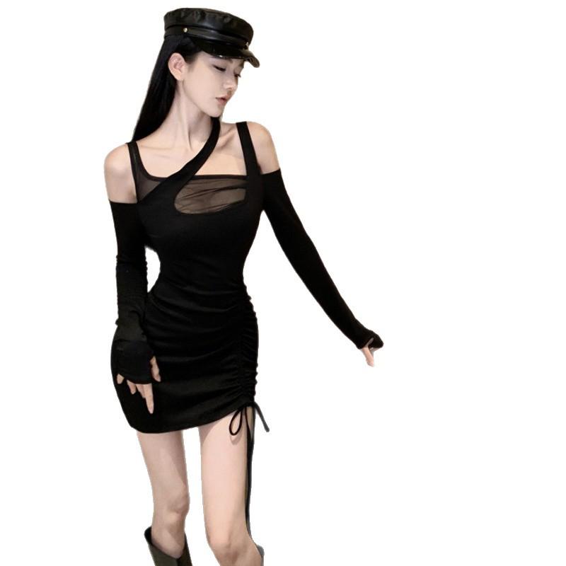 Hepburn Style Black Mesh Off-Shoulder Long-Sleeve Dress - Autumn/Spring Figure-Hugging Short Skirt