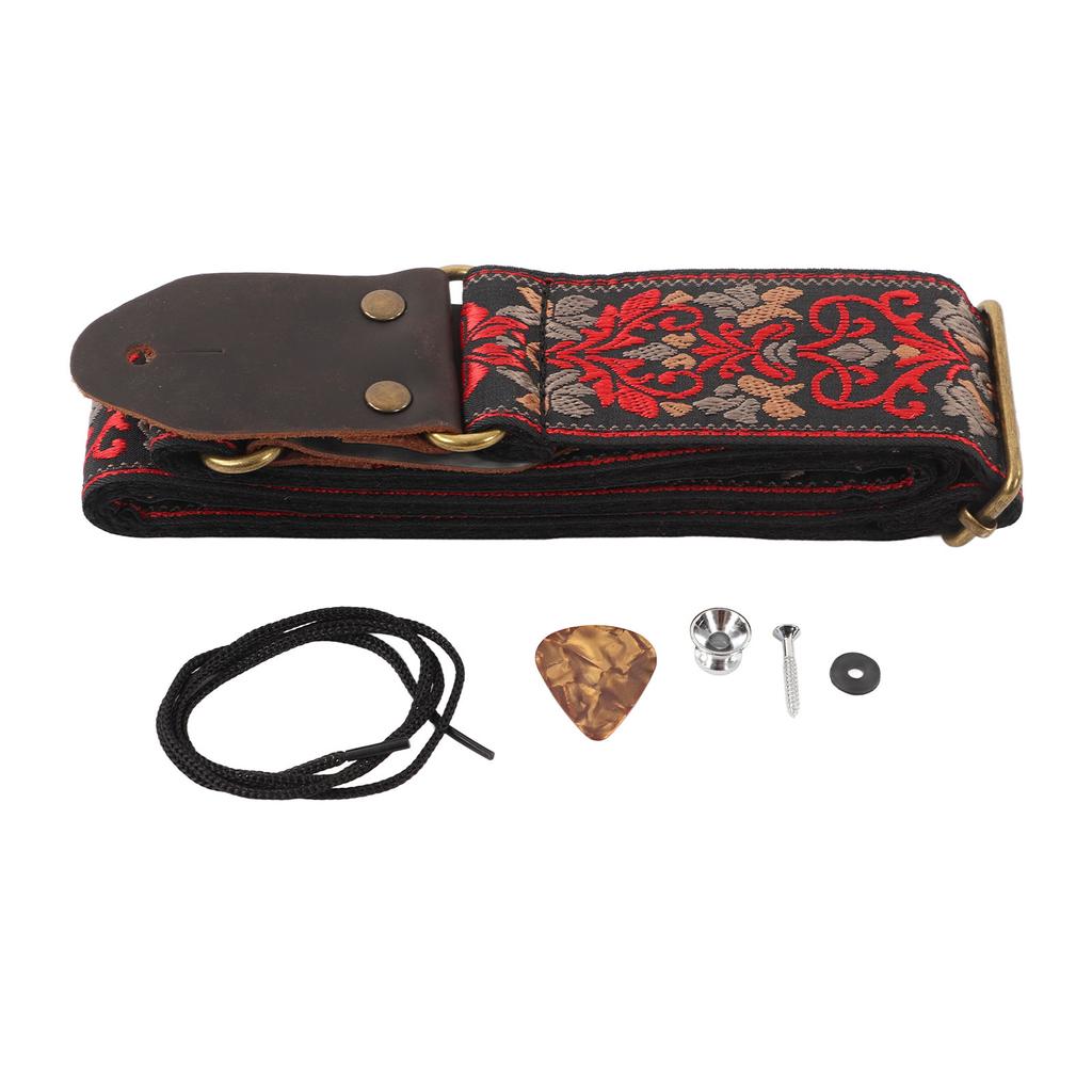 Gitarrengurt Lederkopf für Akustik E-Gitarre Bestickter Jacquard Vintage Blumenmuster Schwarz