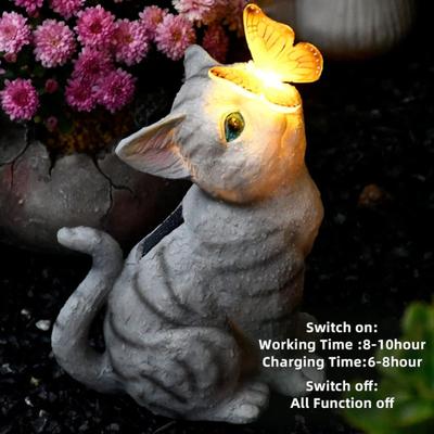 Katzenstatue aus Kunstharz mit Solarlicht Wasserdicht Automatisch Ein/Aus Wiederaufladbare LED-Solarleuchte Gartenfigur Außendekor