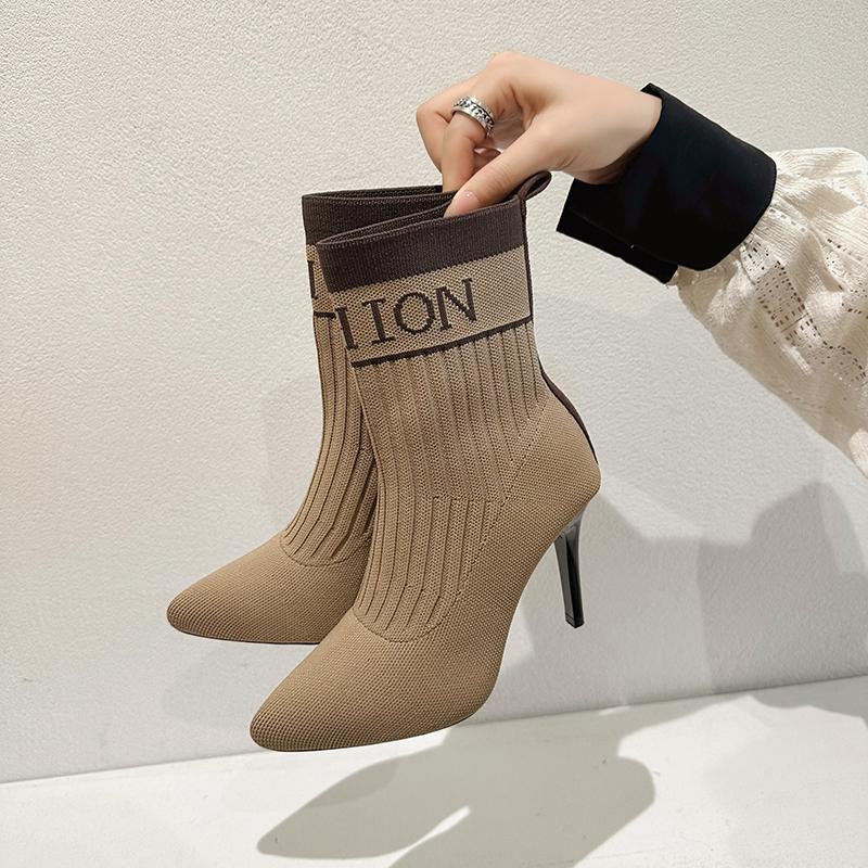 

Модные ботильоны Осень Зима 2025 Острый носок Вязаные Новые Носки Сапоги Высокий каблук 41
