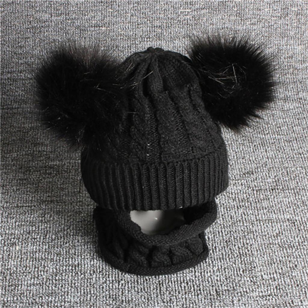 Children Beanie Pompom Neck Knitted Warm Hat Winter Scarf Set