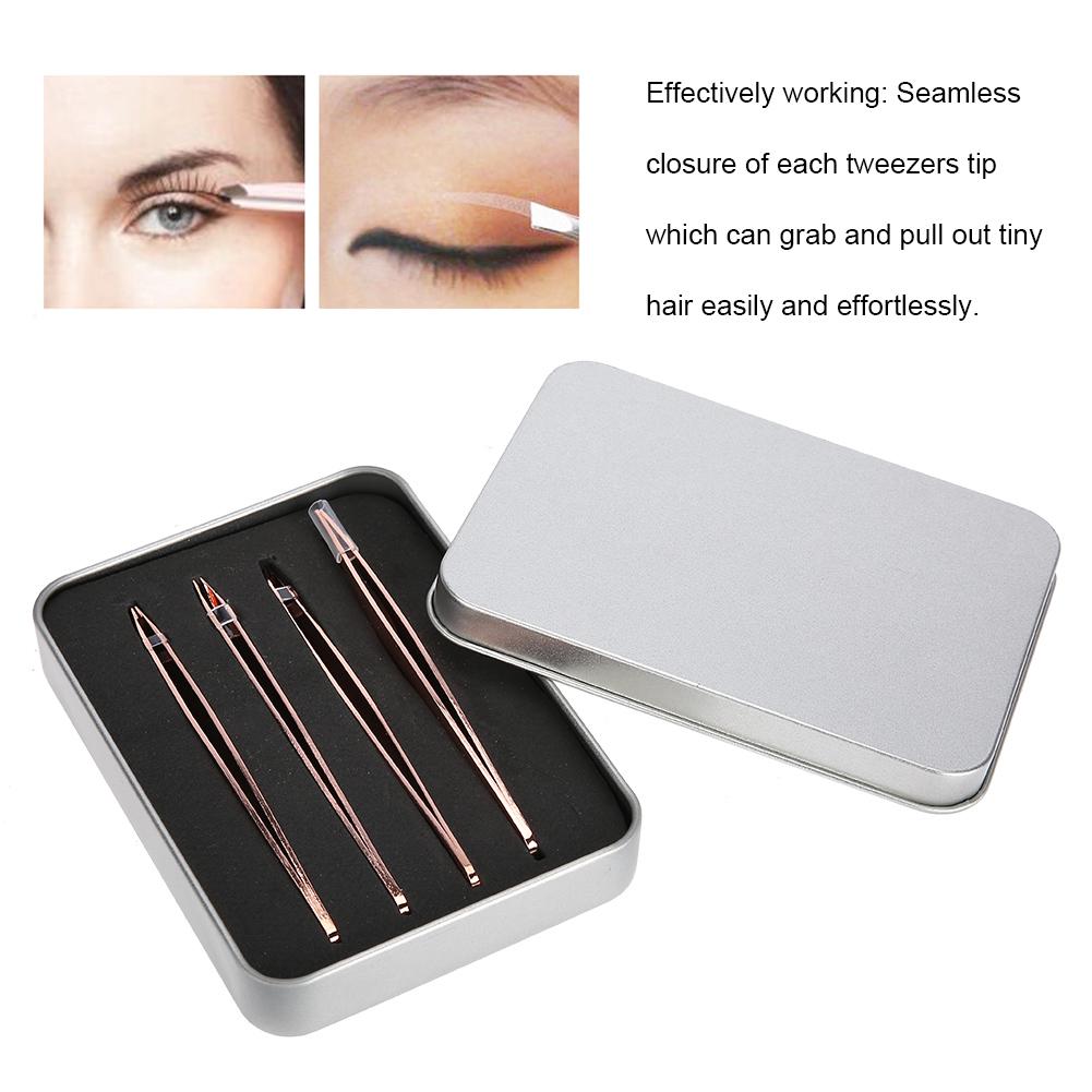 Professional Rose Gold Stainless Steel Slant Tip Tweezer Eyebrow Hair Remover Makeup Tool 4pcs