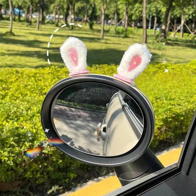1pair Car Interior Decoration Plush Rabbit Ears Design Car Mirror Ornament Automotive Charm Car Interior Accessories