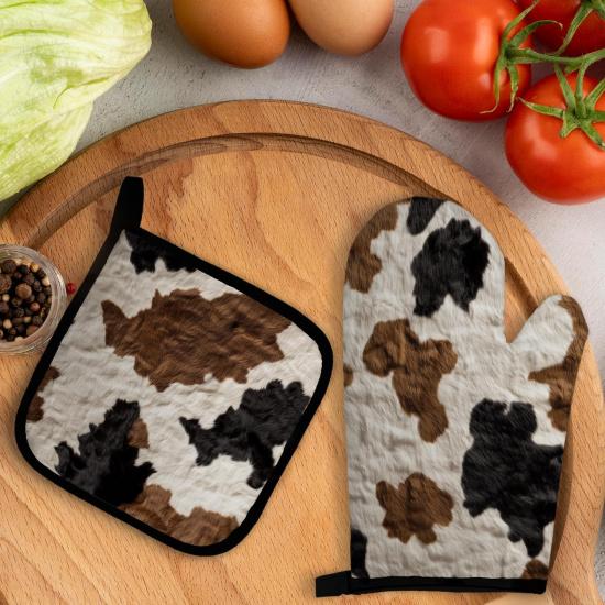 Vintage Brown Cow Print Oven Mitts and Pot Holders Sets, Cow Gifts Country Western Cowhide Over Mittens for Kitchen Decor Potholders & Oven Mitts