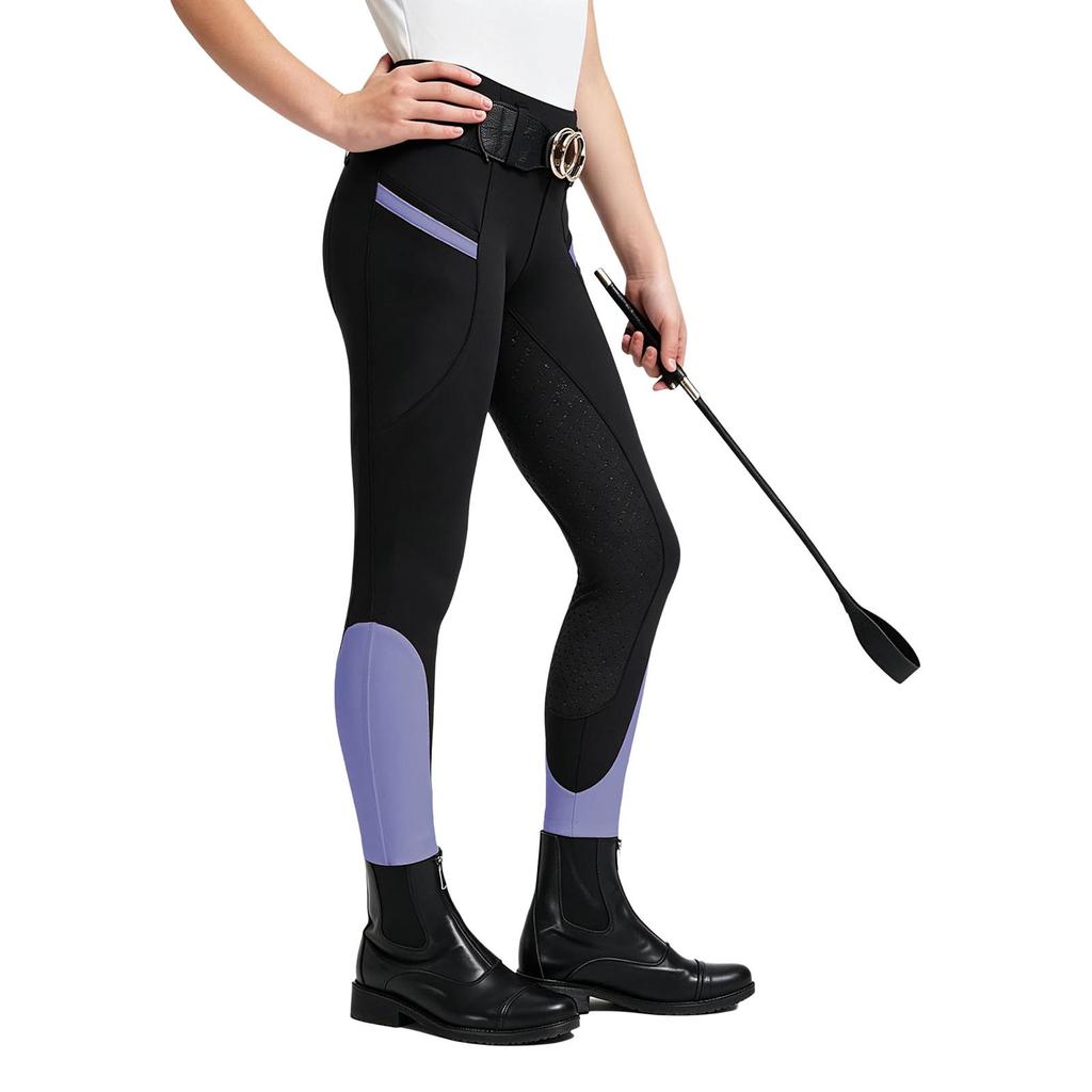 Kids Girls Horse Riding Tights Color Blocked Non Slip Full Seat Breeches with Pockets Belt Loop for Equestrian Sports