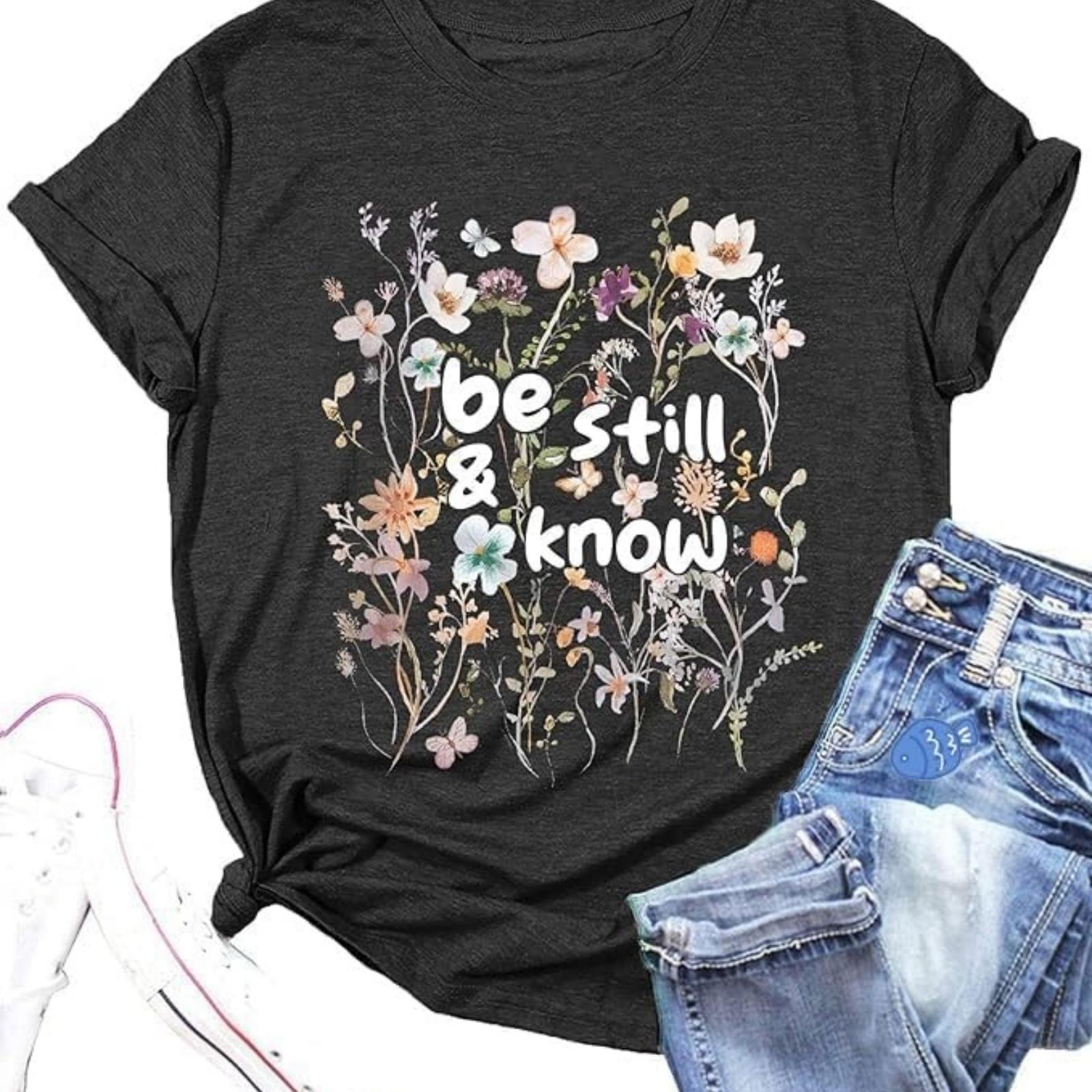 

Blessed T-Shirt for Women Funny Letter Print Be Still Know Inspirational Words Shirt Christian Religious Gift Top S