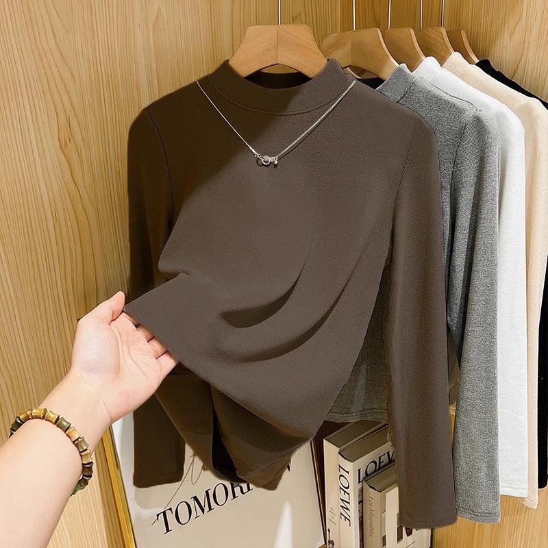 Women's Long-Sleeve Casual T-Shirt - Stylish Thick Warmth, Half-High Collar for Autumn/Winter 2026 Trend