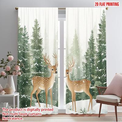 2pcs 2D Plane Printing Curtains&Window Treatment Deer Snow Pine Forest (2) Versatile Polyester (without Rod) Home Decor for