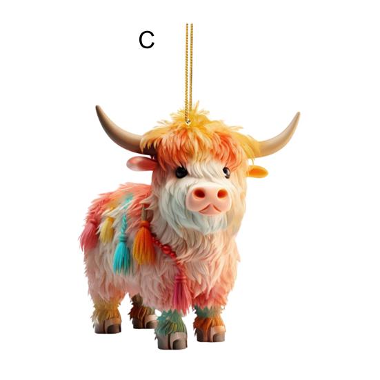 Christmas Cow Ornament Xmas Tree Cartoon Highland Cow Hanging Decorations 2D Flat Acrylic Pendant for Car Rearview Mirror Tree Decor