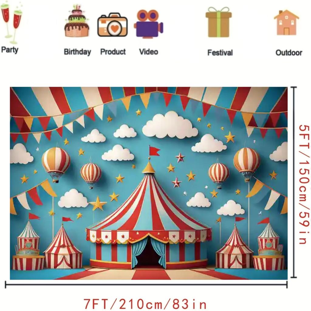 2D Flat Surface 1-piece Circus Tent Photo Background Fabric Suitable for First Birthday and Carnival Parties