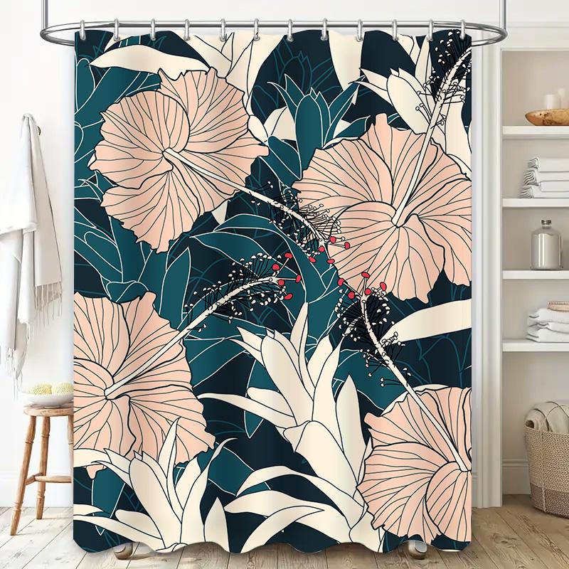 High-Quality Fabric Shower Curtain with White Hibiscus Flowers Printed in Greenish Blue Perfect Decor for Your Bathroom