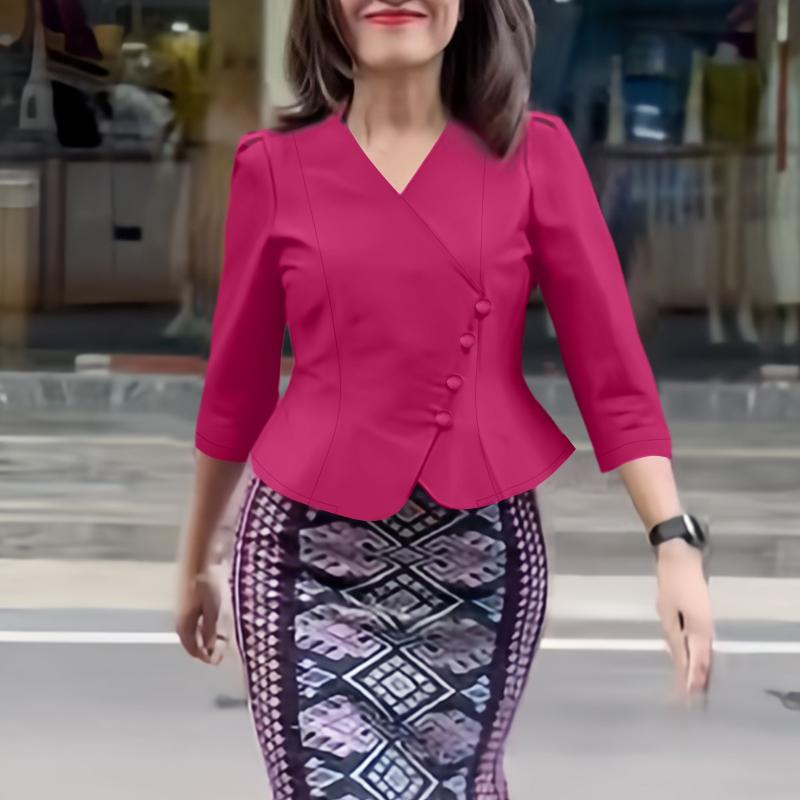 ZANZEA Damen Casual V-Ausschnitt Einfarbig 3/4-Ärmel Satinbluse