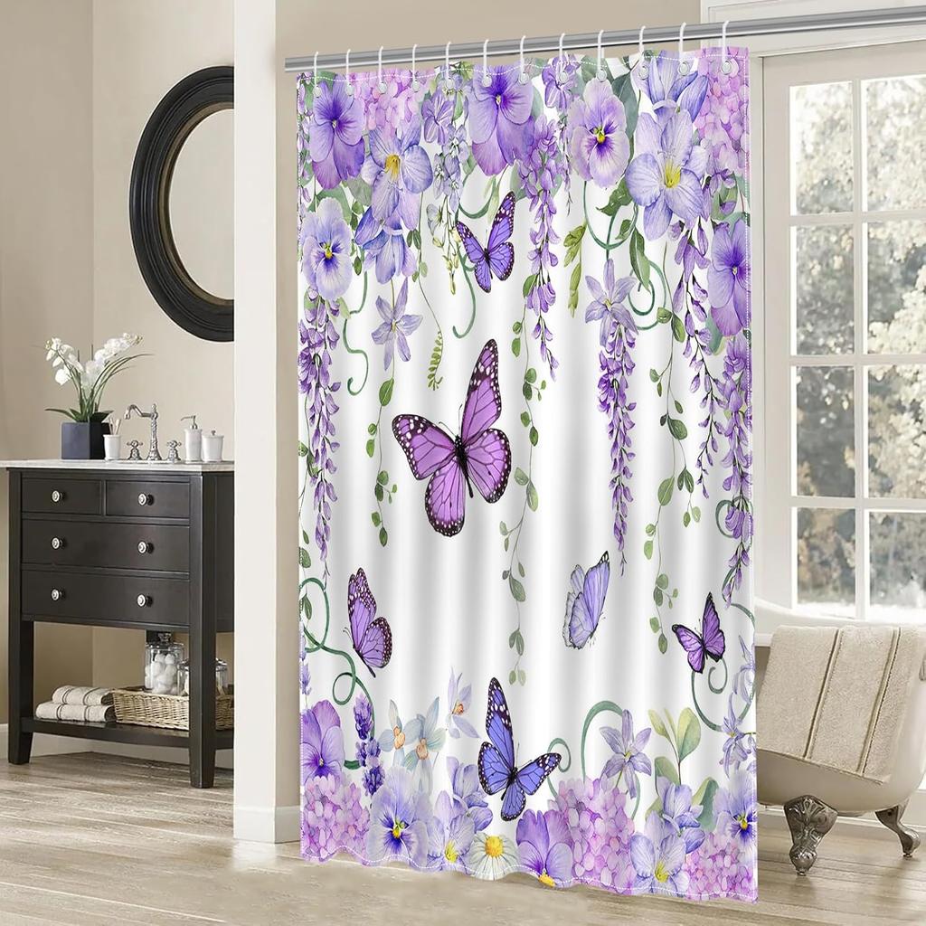 Mocsicka Purple Butterfly Shower Curtain Spring Purple Floral Butterfly Bathroom Shower Curtain Nature Garden Plant Waterproof Fabric Shower Curtain