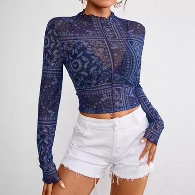 Spring and Summer Elegant Women's Mesh Printed Stand-up Collar Long-sleeved Short Section T-shirt Tops for Women Versatile Fashion Shirt