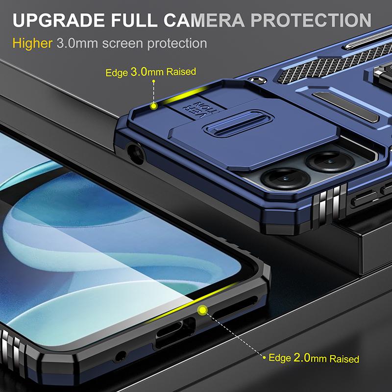 Armor Series For Motorola Moto G54 5G Case PC+TPU Kickstand Phone Cover with Slide Lens Protector