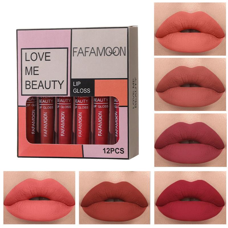 

12 шт./компл. матовый блеск для губ, набор блесков для губ телесного цвета, стойкая антипригарная помада для чашек, женская косметика для макияжа губ 2.5ML*12PCS