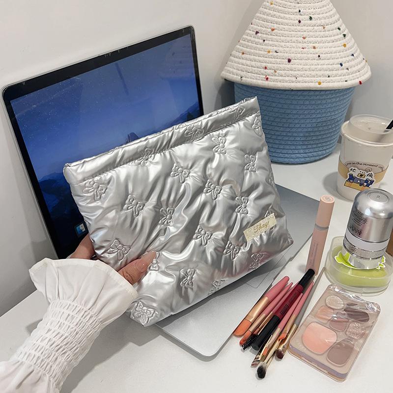 Bow Print Quilting Cosmetic Bag Hand-held PU Korean Style Makeup Bag Handbag Makeup Bags Multifunctional Storage Bag