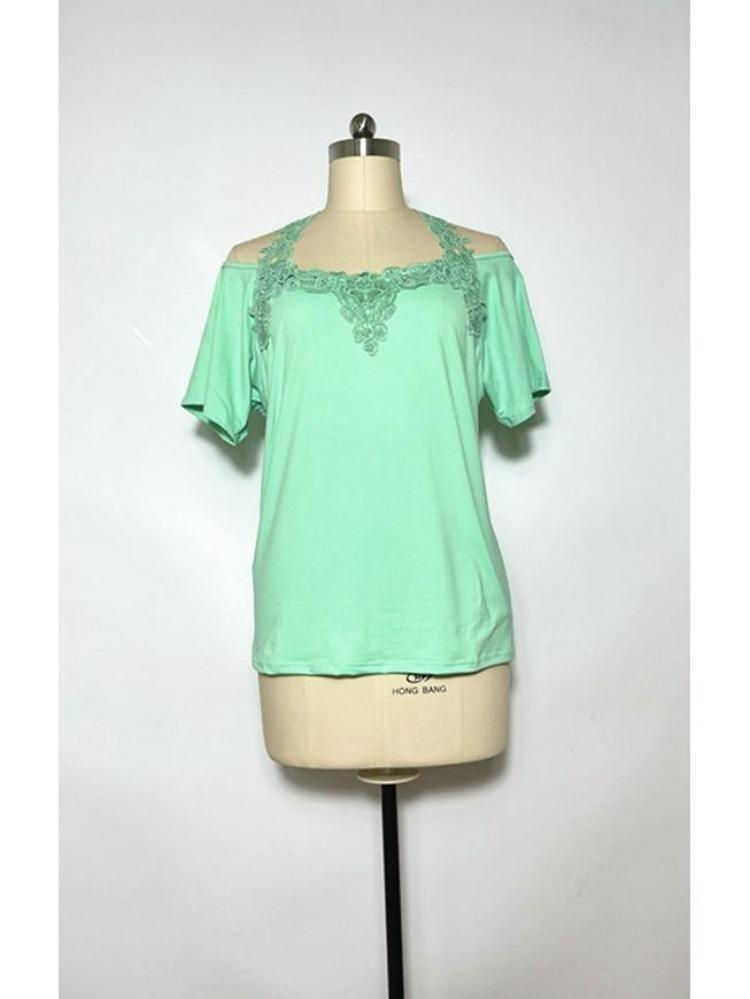 American Style European Women's Casual Loose V Neck Short Sleeve T Shirt with Lace Splice