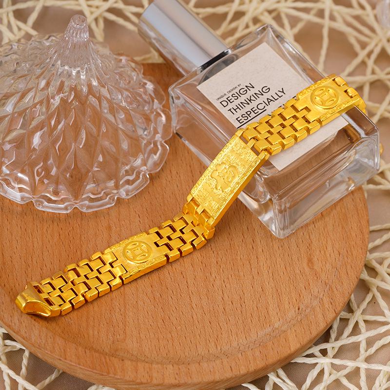 Dominant Men's Gold-Tone Bracelet Watch with Fu Character Design and Wide Vietnamese Sand Gold Chain