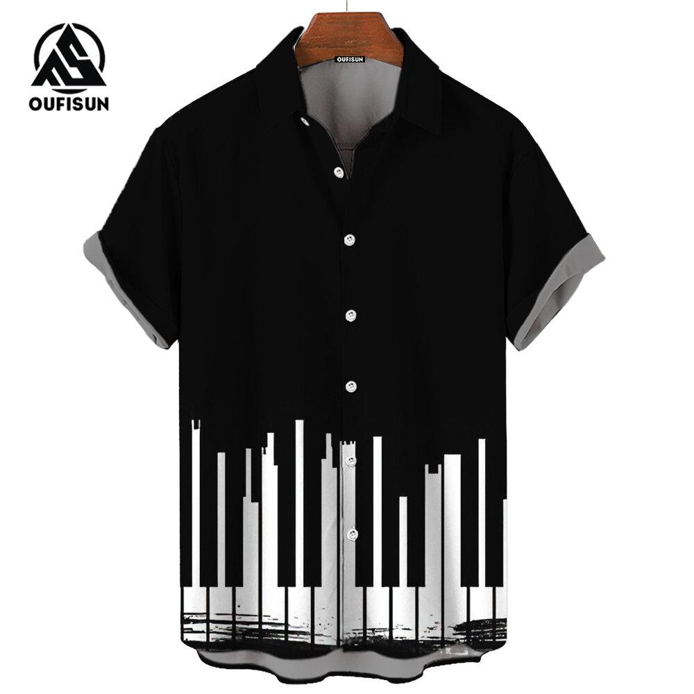 Men's Short Sleeve Shirts Piano Guitar Pattern Notes Printed Tops Summer Street Trend Men's Shirts Oversized Tops
