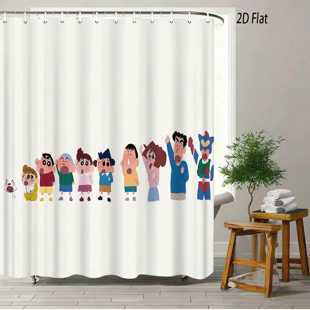 Crayon Shin-Chan Flame Ninja Z Themed 2D Print Waterproof Shower Curtain, Flying Shin-Chan With Family & Shiro Colorful Cityscap