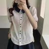 Women's Korean Jacquard Color Block Turn-Down Collar Short Sleeve Shirt - Fashionable and Versatile Summer Top