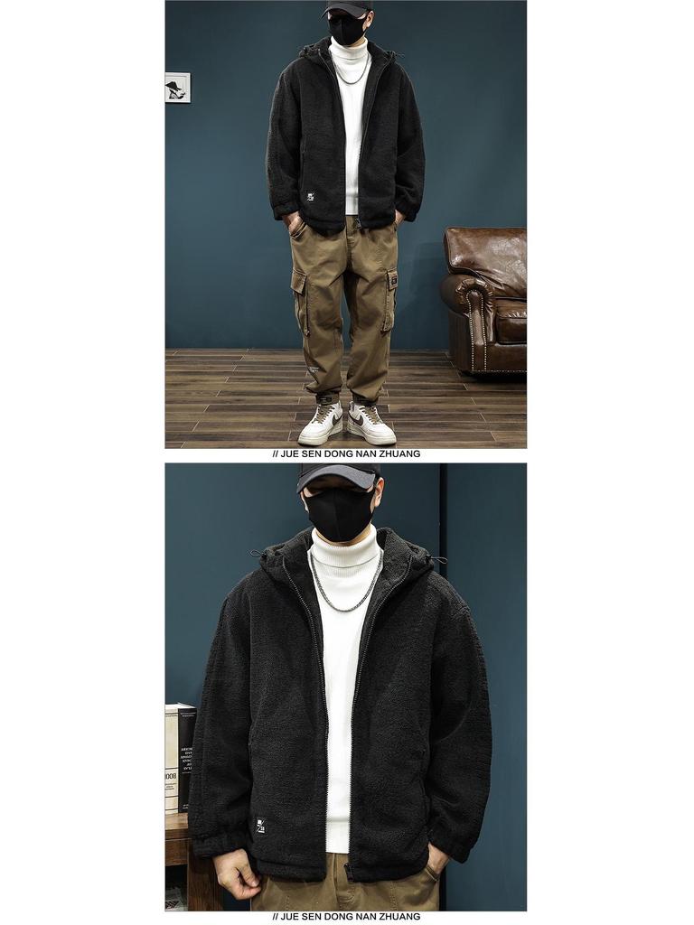 Pánský svetr s kapucí a výstřihem do V, větší velikost, z jehněčí vlny a bavlny - Zimní, teplý, trendy oversized design