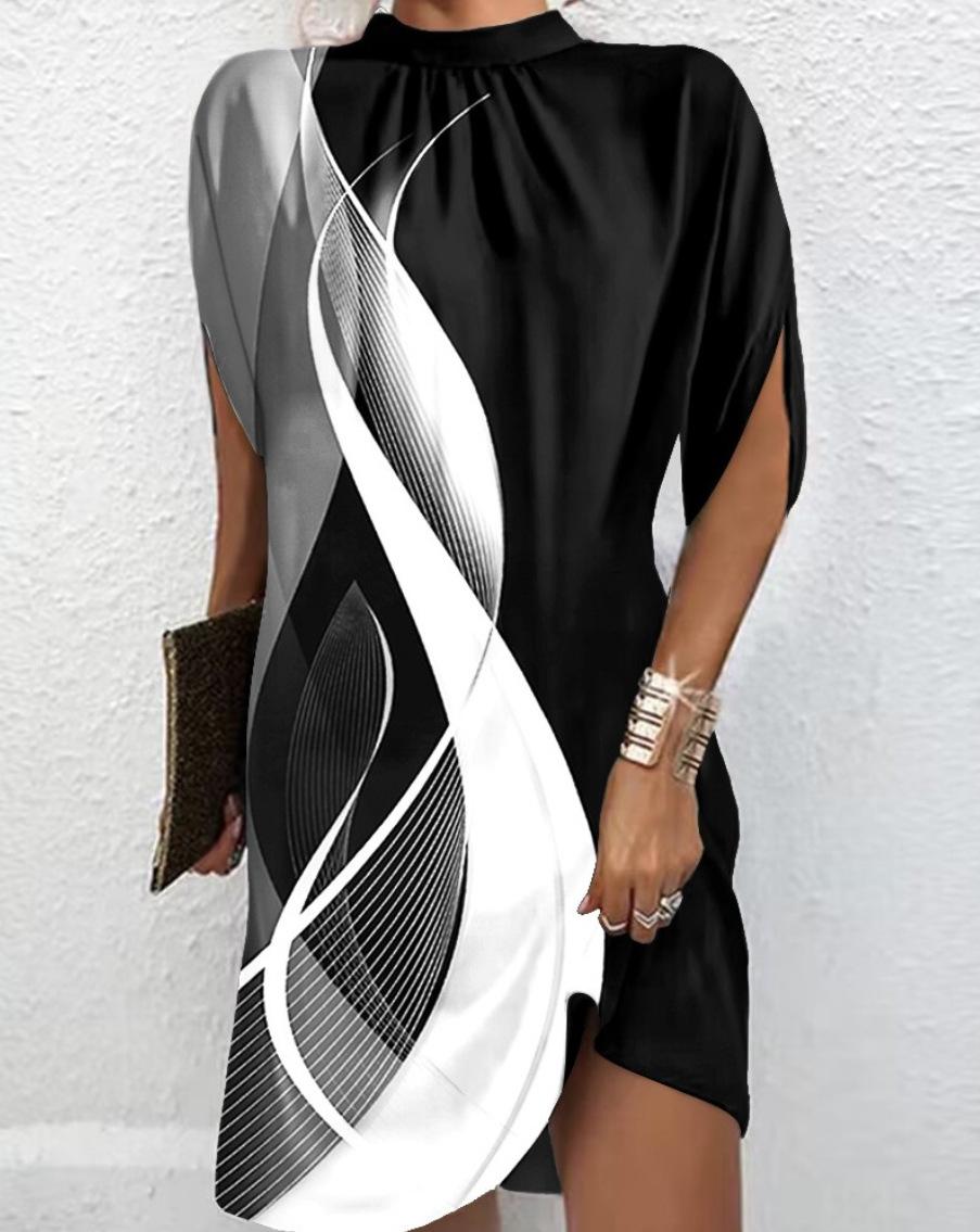 

Women s Green & White Abstract Print Split Hem Dress, Casual Short Sleeve A-Line Midi Dress XXL