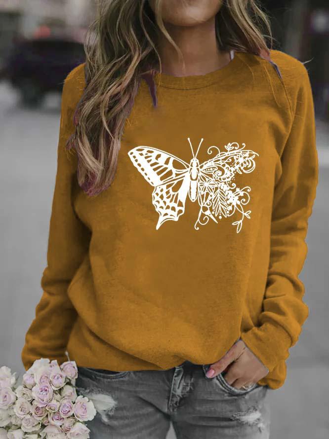 Butterfly Print Women's Long Sleeve Round Neck Hoodie