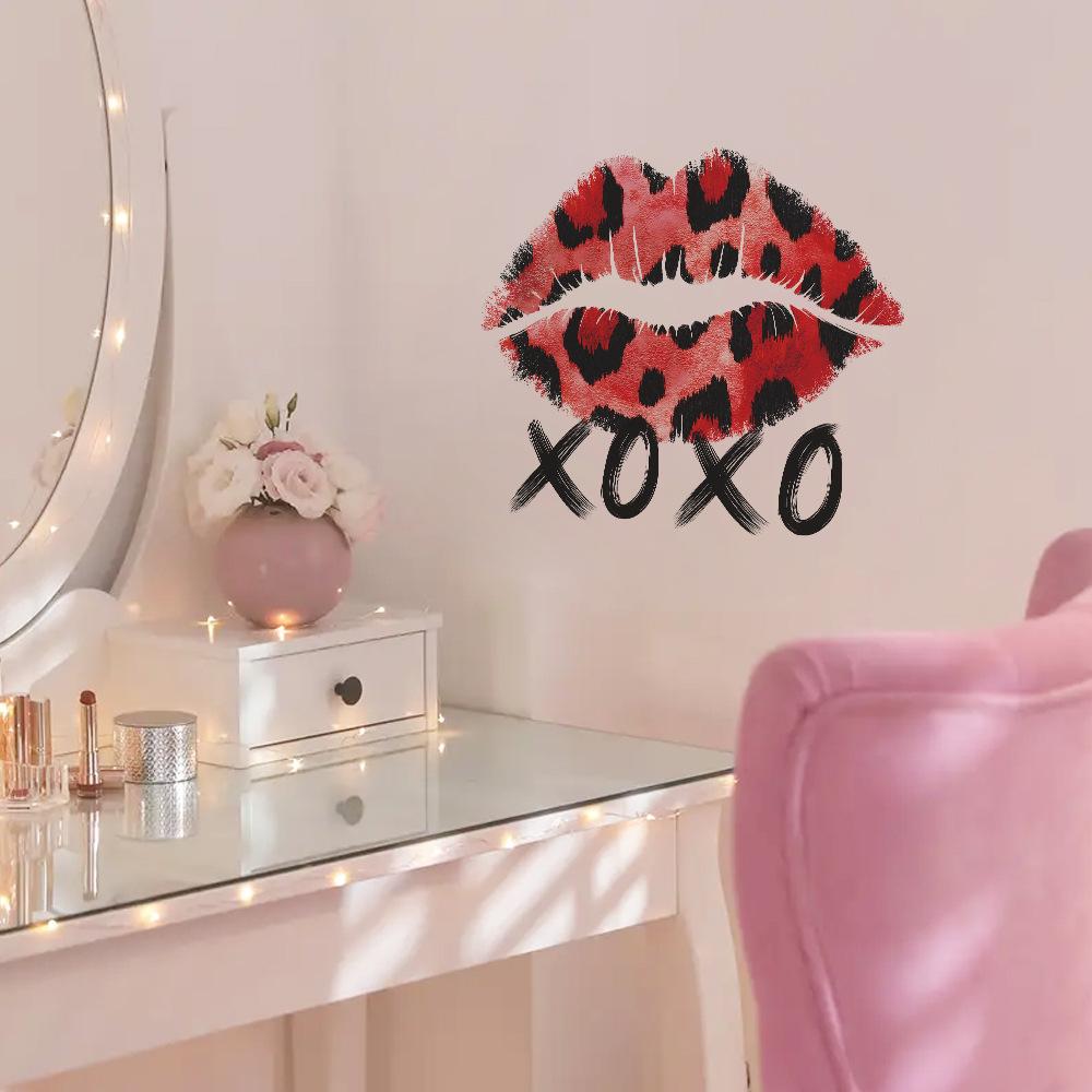Personalized Leopard Print Lip Prints and English Word Decorative Wall Stickers for The Dressing Room Bedroom