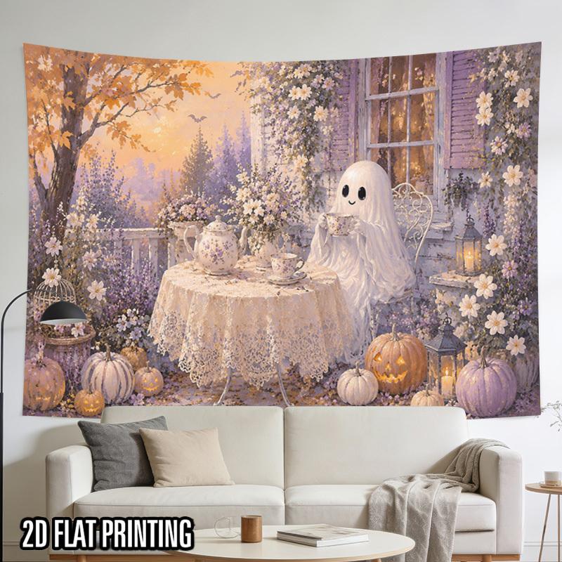 2D Flat - 2D Flat - 2D Flat Print 1pc Tapestry Autumn Ghost Tea Party Wall Hanging Cozy Rustic Home Decor Cultural Background Decoration Background Ph