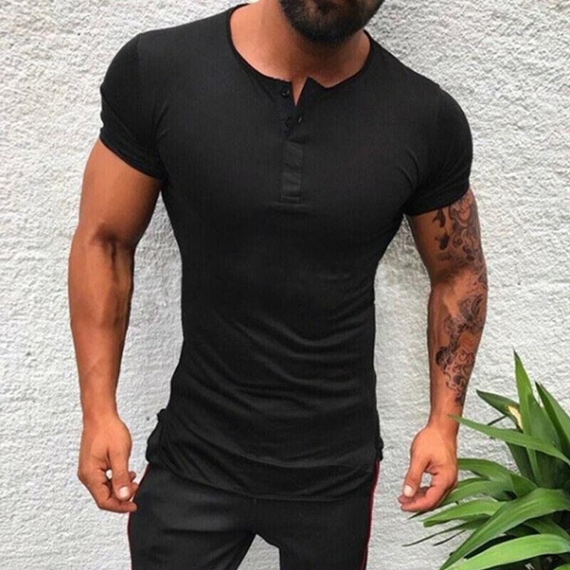 

Slim Fit Mens Short Sleeve T Shirt Muscle Tee Casual Blouse Tops Henley Shirts M чёрный