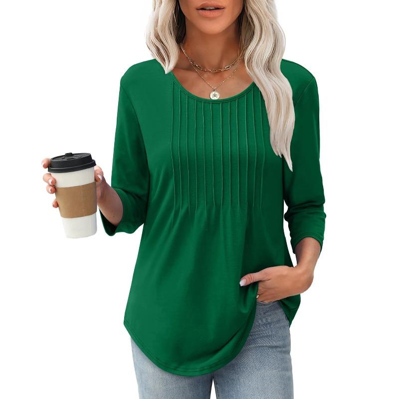 Autumn New Women's Long Sleeve Top Fashion Casual Pleated Low Crew Neck Women's Shirt