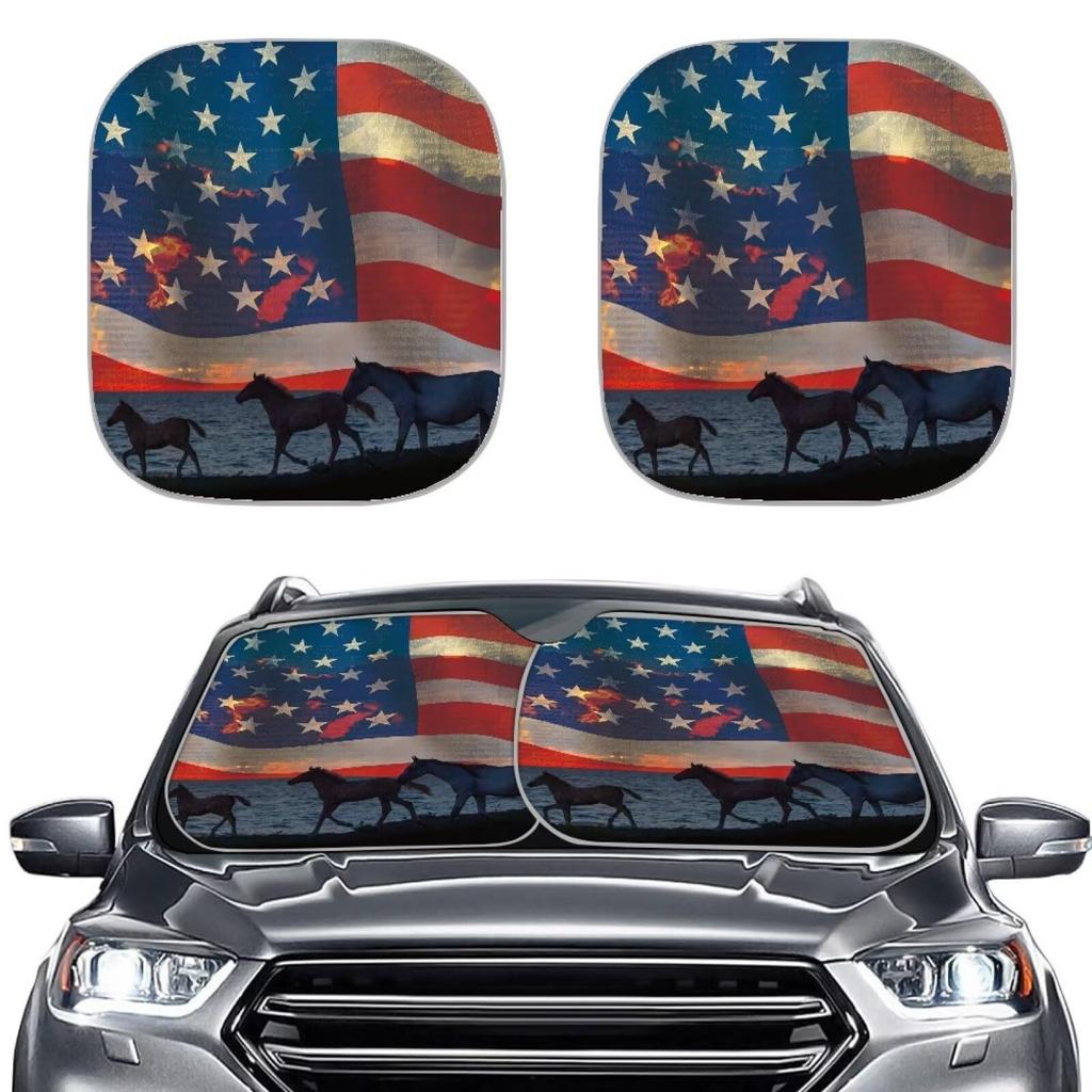 Car Sunshade 2-Piece, American Flag Element Printed Heat Insulation And Sun Protection Front Baffle