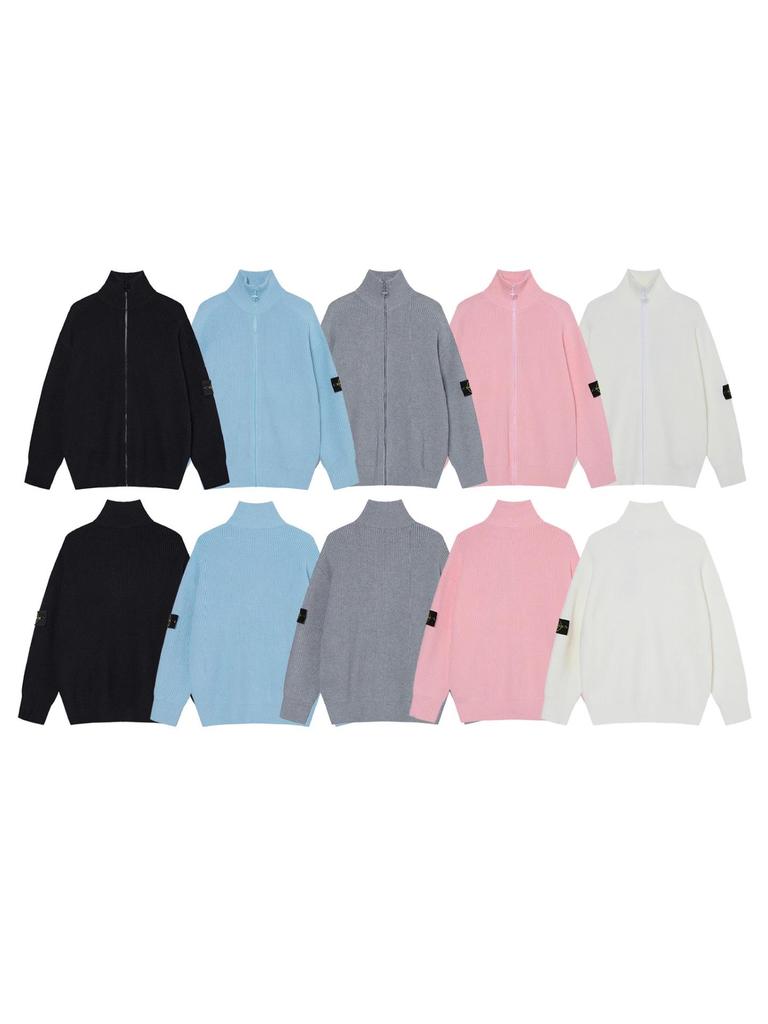 Pánský jednobarevný pletený kardigan na zip s dlouhým rukávem - Podzim/Zima