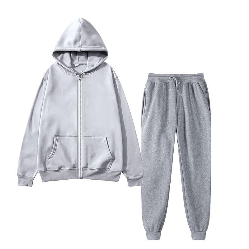 Womens Fleece Hooded Zip Tracksuit Loose Fit Solid Color Sportswear Set