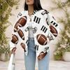 Women Plus Size White American Football Print Long Sleeve Button Front Baseball Jacket
