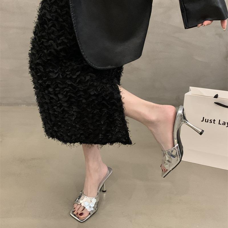 Summer new niche high-end cool slippers outer wear thin heel sequined high-heeled sandals women's shoes