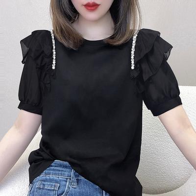 Women's Summer Temperament Ruffled Black Slim T-shirt Round Neck Short-sleeved Personalized Casual Tops