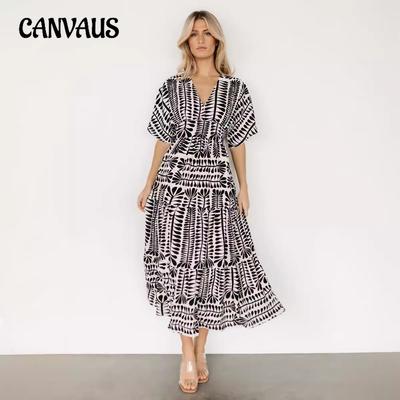 Saia Longa Vintage Listrada Boêmia Cintura Alta Manga Curta Vestido Estampado Cobertura Feminina