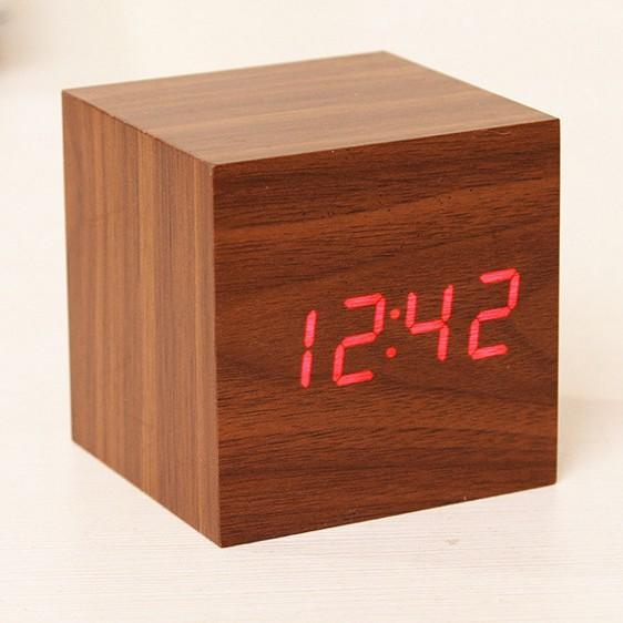 Wood Clock Creative Electronic Clock Square Digital Clock Mini Small Alarm Clock Thermometer Bedside Clock