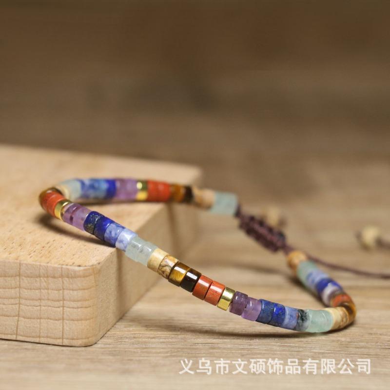 Chakra Natural Stone Heishi Bead Bracelet – Gold Accent Adjustable Boho Jewelry, Balance Energy Gift for Men & Women