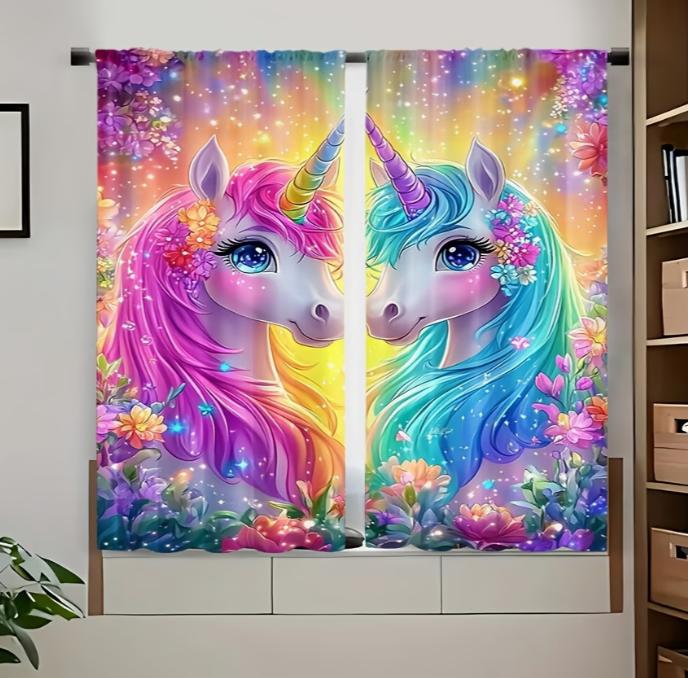 2pcs Polyester Magical Unicorn Floral Curtain Set Vibrant Rainbow Privacy Drapes, Rod Pocket Design Bedroom Living Room Office
