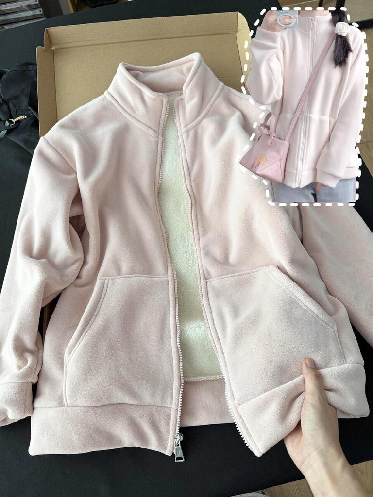 Women's Pink Lambswool Fleece Jacket: Windproof, Thick Velvet Liner, Warm Winter Outerwear