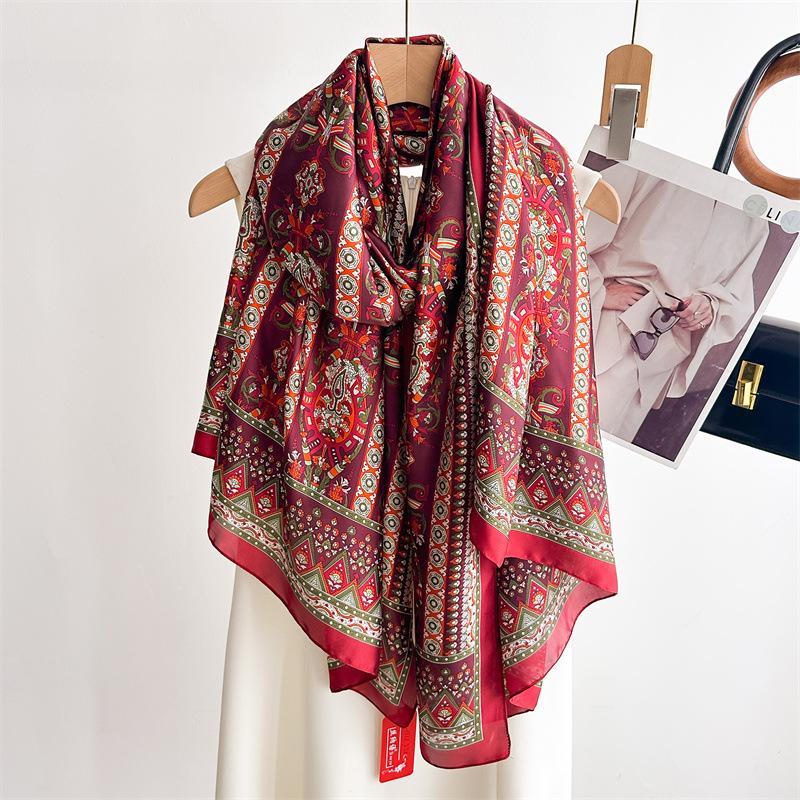 Long Scarf Silk Scarf Spring and Summer Printing New Imitation Silk Scarf Thin Versatile Shawl Brocade Complicated Headscarf Pattern Beautiful