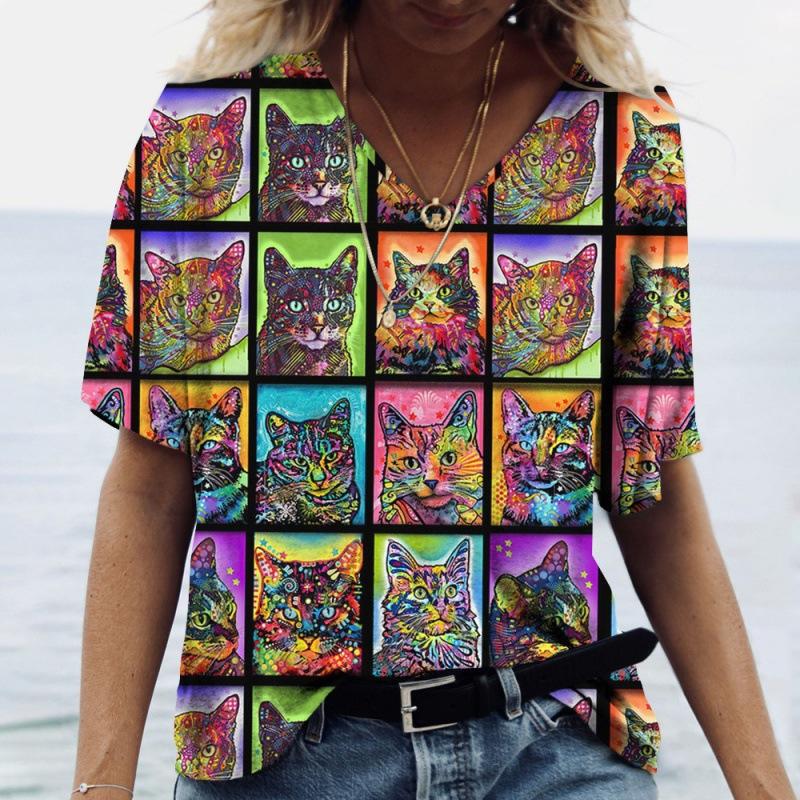 T-shirt d'été à manches courtes et col en V pour femme, imprimé chat 3D, décontracté et tendance