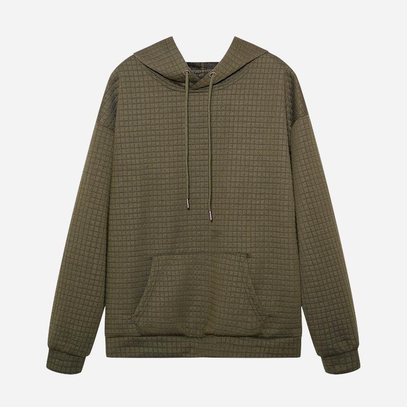 Waffle Grid Kangaroo Pocket Hoodie, Casual Long Sleeve Drawstring Hoodies Sweatshirt, Women's Clothing