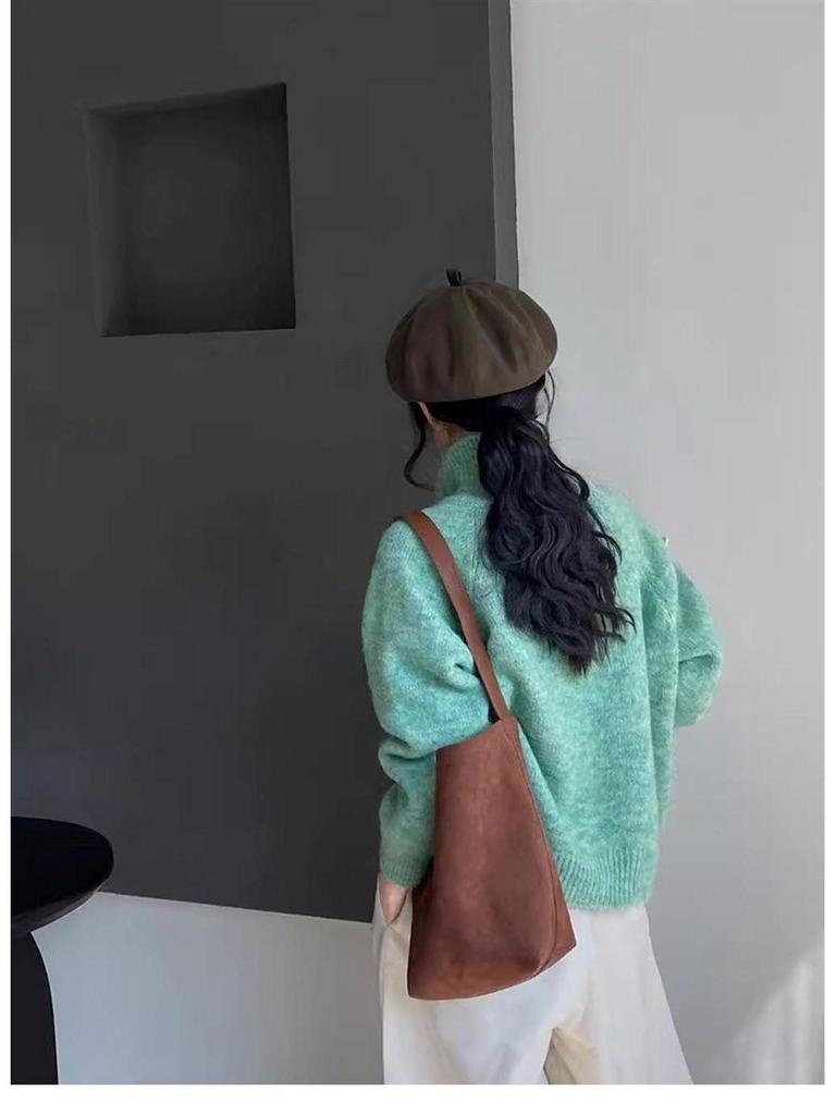 Vintage Röd Halvhög Hals Tröja Kofta för Kvinnor - Mjuk Stickad Höst/Vår Topp