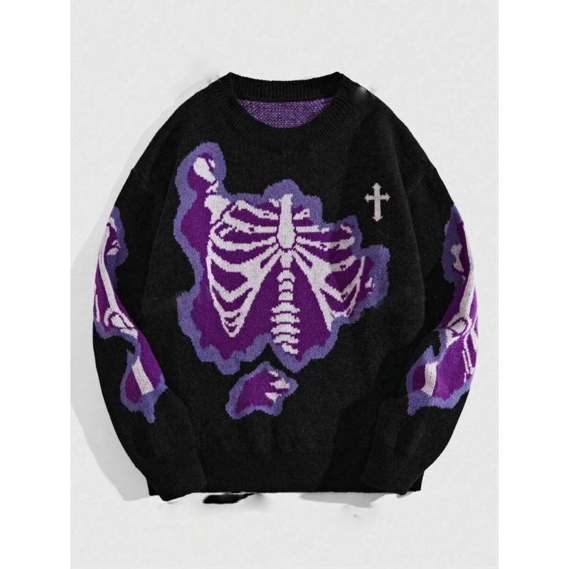 Autumn/Winter Street Style Skeleton Knit Sweater – Loose Fit, Round Neck
